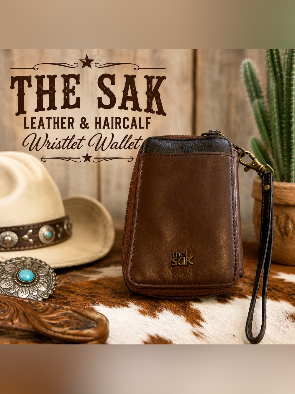 The Sak Brown Leather & Haircalf Zip Around Wristlet Wallet Card Holder